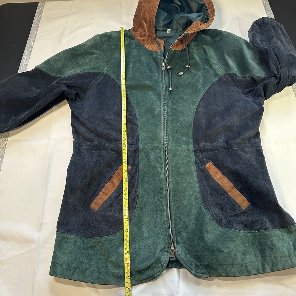 Vtg Preston & York Suede Leather Jacket LG Hooded Colorblock Drawstring Waist - Picture 7 of 16